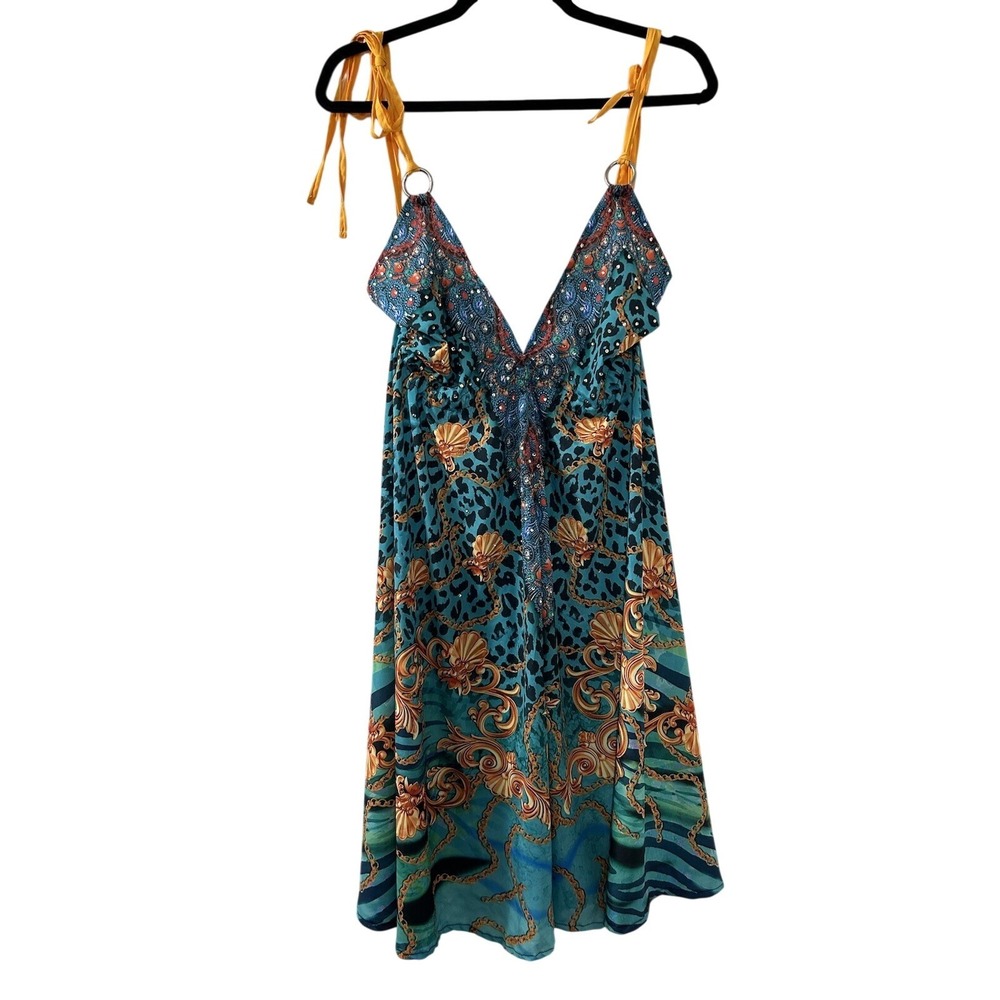 Celina Leopard Shell Print Dress OS Teal Rhinestone Tie Strap Resort Boho Y2K
